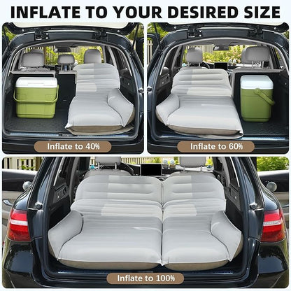 KMZ SUV Air Mattress Double Sided Thickened Flocking Car Bed – Portable Inflatable Mattress Pad for Camping & Travel with 2 Pillows & Electric Pump (Off-White and Coffee)