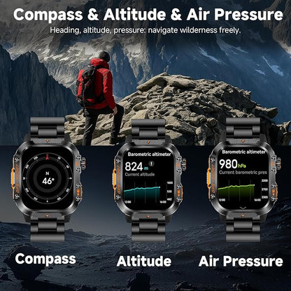 GPS Smart Watch for Men (Answer/Make Calls), 2.01'' Military Rugged Smartwatches for Android iPhone Fitness Tracker with Compass/10 Days Battery/Heart Rate/Sleep/100+ Sport Modes(2 Straps)