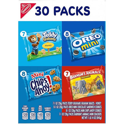 Nabisco Team Favorites Variety Pack, OREO Mini, CHIPS AHOY! Mini, Teddy Grahams Honey & Barnum's Animal Crackers, Christmas Cookies Stocking Stuffers, 30 Snack Packs (Pack of 4)