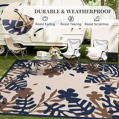 MontVoo Outdoor Rug Waterproof 8x10 ft RV Outdoor Rug for Camping Picnic Mat Outdoor Patio Rug Carpet Plastic Straw Reversible Floral Navy Orange