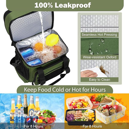 GLENKEY Double Deck Insulated Lunch Box, Expandable Xlarge Lunch Bag Leakproof Cooler Bag Lunch Pail for Men Women Adults Work Shifts Travel Daytrip,22L,Army Green