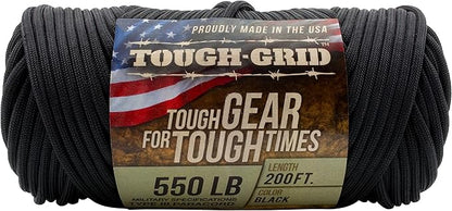 TOUGH-GRID Premium Black Paracord 550 lbs Made in USA Outdoor Survival Nylon Rope Tactical Heavy Duty Strands Parachute Cord Used by US Military Type III Mil-Spec