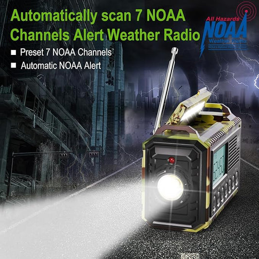 Raynic Weather Radio, 12000mAh Hand Crank Emergency Radio, 6 Ways Powered AM/FM/SW/NOAA Weather Alert Radio with Flashlight, Cell Phone Charger and SOS Siren for Power Outages (Camo-Green-LCD Display)