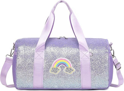 Ballet Dance Bag for Girls Shiny Rainbow Glitter Sports Duffle Bags for Girls Ballerina Duffle with Waterproof Dry Wet Separated Compartment