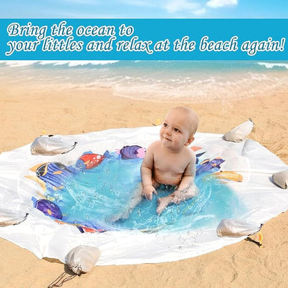 Dia 6.5Ft Baby Beach Pool, 2 in 1 Portable Round Kids Beach Play Pool Puddle Toddler Beach Blanket and Kiddie Pools Blue Cartoon Childs Sand Pit Paddling Pools with Water Bag for Boy Girl Outdoors