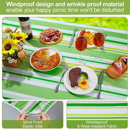 Picnic Table Cover with Bench Covers Camping Essentials Waterproof Windproof Camping Tablecloth with Drawstring Bag, Fitted Rectangle Tables and Seats, 72in, Light Green Stripe