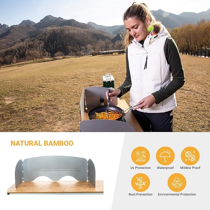 KingCamp Bamboo Camp Kitchen Station, Folding Overland Camping Kitchen Table Hooks Portable Outdoor Cooking with Adjustable Lantern Pole & Windshield Storage Organizer for Tailgating BBQ Picnic RV