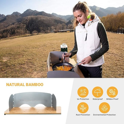 KingCamp Bamboo Camp Kitchen Station, Folding Overland Camping Kitchen Table Hooks Portable Outdoor Cooking with Adjustable Lantern Pole & Windshield Storage Organizer for Tailgating BBQ Picnic RV