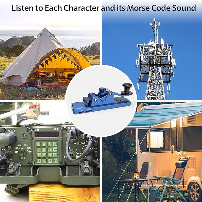 BlueKey Mini CW Key Morse Radio HAM Big Double Paddle Morse Code Key Aluminum Alloy Body with Speaker Base Blue