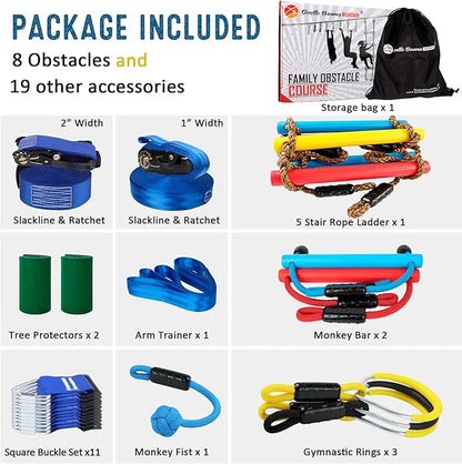 Ninja Warrior Obstacle Course for Kids, 2×56ft Slackline Kit with 8 Ninja Accessories - Monkey Bar, Rope Ladder, Gymnastic Ring, Arm Trainer and Monkey Fist