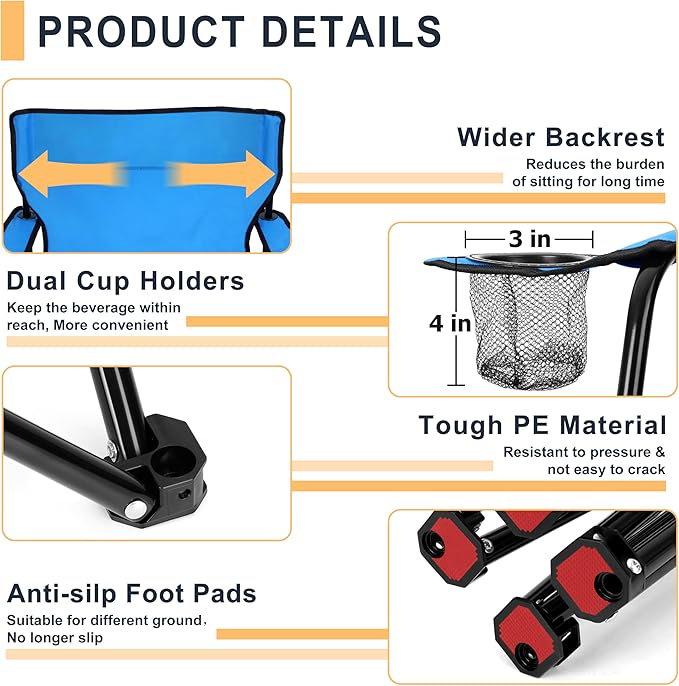 Joyfair Portable Camping Chair, Outdoor Lawn Folding Chairs for Adults, Heavy Duty Large Foldable Chairs for Beach, Fishing, Tailgating Outdoor Sport, 2 Cup Holders & Carry Bag