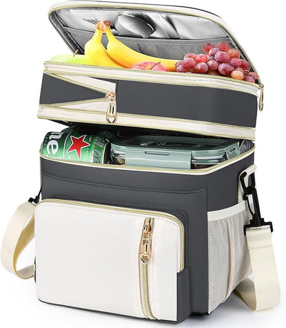 Lunch Box & Lunch Bag for Women Men, Large Insulated Adult Lunch Box Leakproof Lunchbox Cooler Bag for Work Picnic Beach,16L, Grey & White