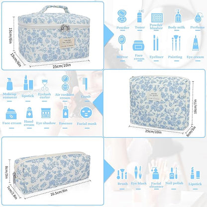 Makeup Bag, Large Quilted Cosmetic Bag, Big Floral Make Up Bag for Women Girls, Cute Cotton Makeup Bag Set, Flower Travel Toiletry Organizer Bag