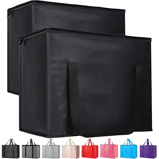 Bodaon 10-Pack Insulated Reusable Grocery Shopping Bag, X-Large Frozen Food Cold, Cooler Bags with Zippered Top, Insulated Food/Pizza Delivery Bag, Black