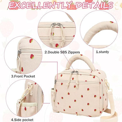 LOIDOU Lunch Box for Kids Girls Cute Corduroy Insulated Lunch Bag Thermal Meal Tote Reusable Lunch Pail Bags for School Travel (Corduroy Strawberry Beige)