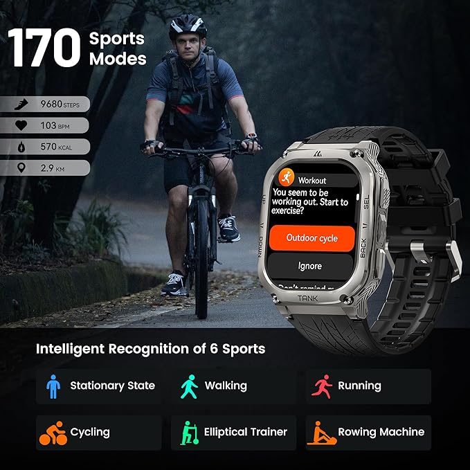 AMAZTIM Smart Watch, 60 Days Extra-Long Battery, 5ATM Waterproof Swimming Diving, Full Metal Military Grade, Answer/Make Call, 2" AMOLED Display, Health Monitor Compatible for iPhone and Android