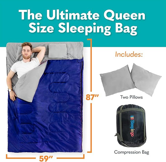 Double Sleeping Bags for Adults Backpacking, Camping, or Hiking - Waterproof Queen Sleeping Bags for Adults or Teens - Truck, Tent, Sleeping Pad