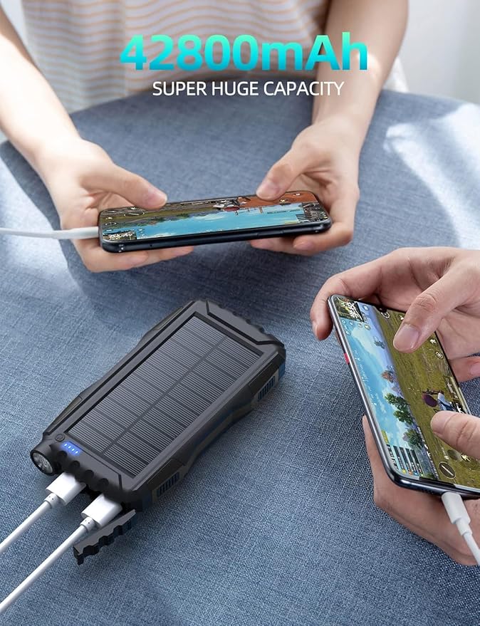 Power-Bank-Solar-Charger - 42800mAh Portable Charger,Solar Power Bank,External Battery Pack 5V3.1A Qc 3.0 Fast Charger Built-in Super Bright Flashlight (Deep Black)