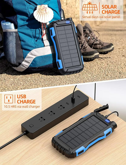 Power-Bank-Solar-Charger - 42800mAh Portable Charger,Solar Power Bank,External Battery Pack 5V3.1A Qc 3.0 Fast Charger Built-in Super Bright Flashlight (Blue)