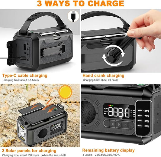 44400mWh/12000mAh Emergency Radio, Hand Crank Portable Solar Radio AM/FM/NOAA Weather Radio with 2 Solar Panels,3 Charging Methods,SOS Alarm,Flashlight,Phone Charger,Compass,Reading Lamp