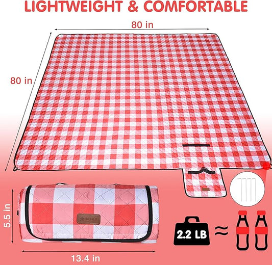 HX&OD Outdoor Picnic Blanket, Extra Large, 80''x80'' Waterproof Foldable Blankets Gingham Picnic Mat for Beach, Camping Grass Lawn Park Accessories Cute Couple Ideas Wedding (Red, 80”x80”)