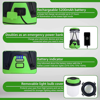 Rechargeable LED Camping Lantern - Power Outages, Hurricanes, Emergency, Hiking, Outdoor - Bright Battery Powered Electric Survival Light with Built-in Power Bank- Portable and Waterproof Camp Lantern