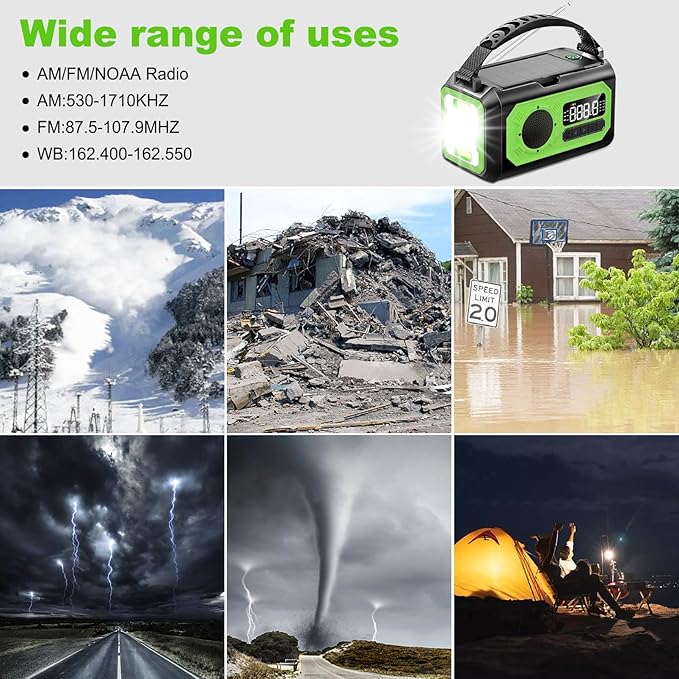 44400mWh/12000mAh Emergency Radio, Hand Crank Portable Solar Radio AM/FM/NOAA Weather Radio with 2 Solar Panels,3 Charging Methods,SOS Alarm,Flashlight,Phone Charger,Compass,Reading Lamp(Grass Green)