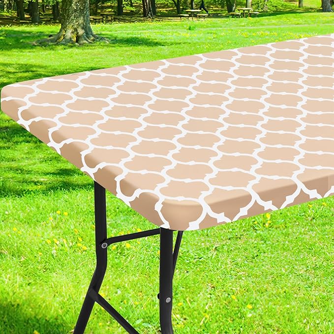 Smiry Rectangle Picnic Table Cover, Waterproof Elastic Fitted Camping Tablecloths for 8 Foot Tables, Wipeable Flannel Backed Vinyl Tablecloth Protector for Indoor, Outdoor (Khaki, 36x96 Inches)