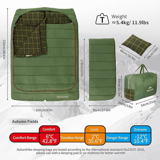 Naturehike 0 Degree and 40 Degree Flannel Two Person Sleeping Bag with Pillows for Adults, Couples & Family, Doublewide Double Sleeping Bag 2 Person for All Seasons Camping Hiking Backpacking