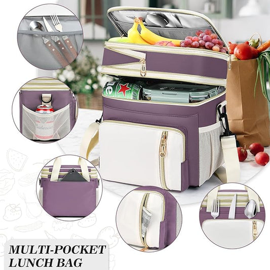 Lunch Box & Lunch Bag for Women, Large Insulated Adult Lunch Box Leakproof Lunchbox Cooler Bag for Work Picnic Beach,16L, Pink-purple & White