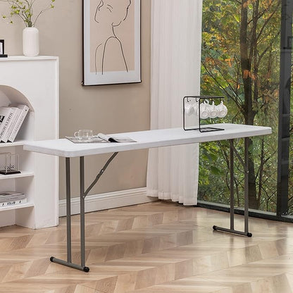 BTEXPERT 6-Foot - 72" Long White Granite Plastic Folding Seminar Training Table Portable 18" Wide Narrow, 29" High, Events Indoor Outdoor Lightweight