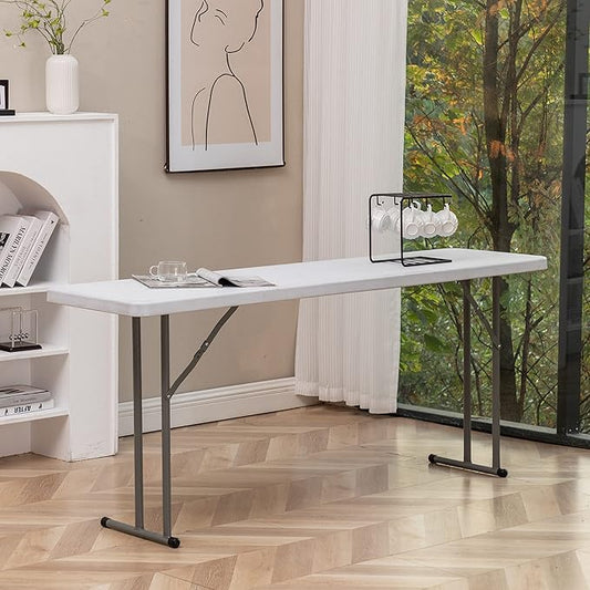 BTEXPERT 6-Foot - 72" Long White Granite Plastic Folding Seminar Training Table Portable 18" Wide Narrow, 29" High, Events Indoor Outdoor Lightweight