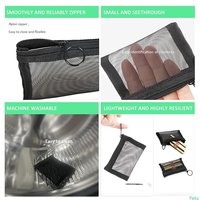 Patu Mini Zipper Mesh Bags, 3" x 4", Size XS / A8, 5 Pieces, Keychain Pouch Key Holder, Coin Purse, Clear Travel Kit Small Item Cosmetic Organizer, Assorted Colors