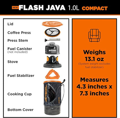 Jetboil Flash Java 1.0L Portable Fast Boil Stove with Silicone French Press and 1-Step Auto Ignition for Camping and Backpacking, New for 2025, Propane/Isobutane Burner with Cooking Cup, Topo