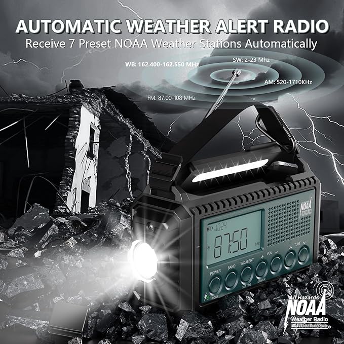 NOAA Emergency Weather Radio with Auto Alerts, 5000mAh Solar Hand Crank AM/FM/SW Shortwave Radio with Flashlight, Reading Lamp, Phone Charger, SOS Alarm, Survival Gear, Time Clock & Large LCD Display