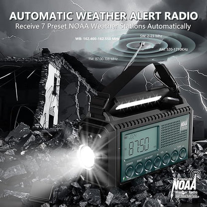 NOAA Emergency Weather Radio with Auto Alerts, 5000mAh Solar Hand Crank AM/FM/SW Shortwave Radio with Flashlight, Reading Lamp, Phone Charger, SOS Alarm, Survival Gear, Time Clock & Large LCD Display