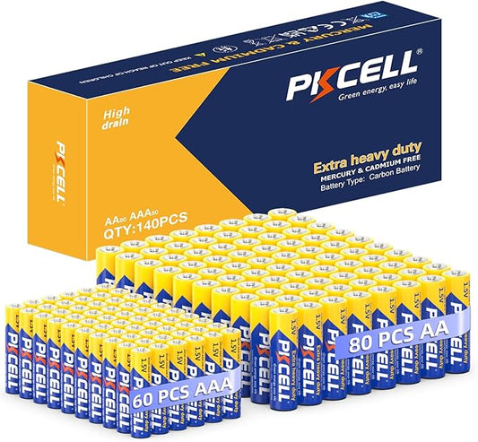 PKCELL AA AAA Batteries Combo Pack 140 Count, 80 Double A Batteries and 60 Triple A Batteries, 1.5V High-Performance Carbon Battery