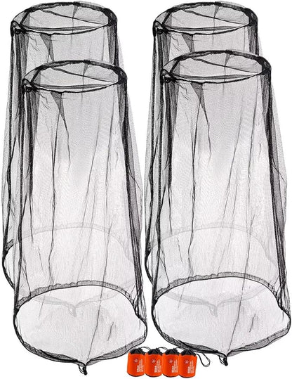 wohohoho Mosquito Head Net Mesh with Drawstring, Bug Face Netting for Hats, Mesh Face Shield for Men & Women Screen Net for Any Outdoor Lover Midges, Bugs & Gnats (4 Packs, Black Colors, Updated Size)