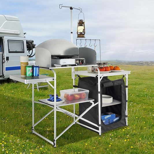 VEVOR Camping Kitchen Table, Aluminum Portable Folding Camp Cook Station with Windscreen, Cupboard, Storage Organizer, Carrying Bag, Quick Installation for Outdoor Picnic Beach BBQ RV Traveling, Black