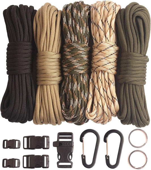 Paracord,Paracord 550 Combo Crafting Kits with 5 Types Buckles,20 Feet Each Paracord Rope (Light Rainbow Set 200feet) (A-Set)