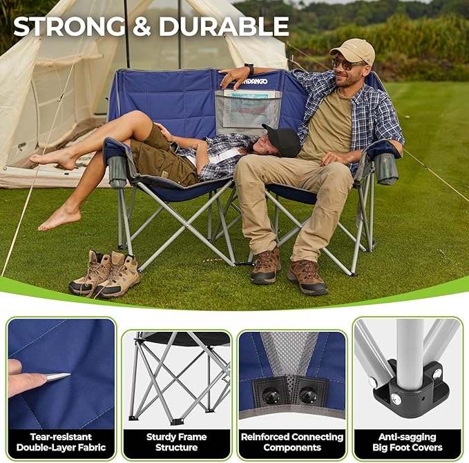 FUNDANGO Oversized Double Camping Chair, 2 Person Folding Padded Loveseat for Adults，660lbs Heavy Duty Chair with Arm Cup Holder for Outdoor Patio Lawn Camp with Carry Bag (Blue)