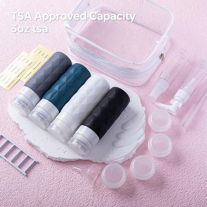 20 Pack Travel Bottles Set,Leak Proof TSA Approved Travel Size Containers, Silicone Squeezable Travel Essentials Jar Accessories for Conditioner, Shampoo, Lotion & Body Wash Accessories (Dark Color)