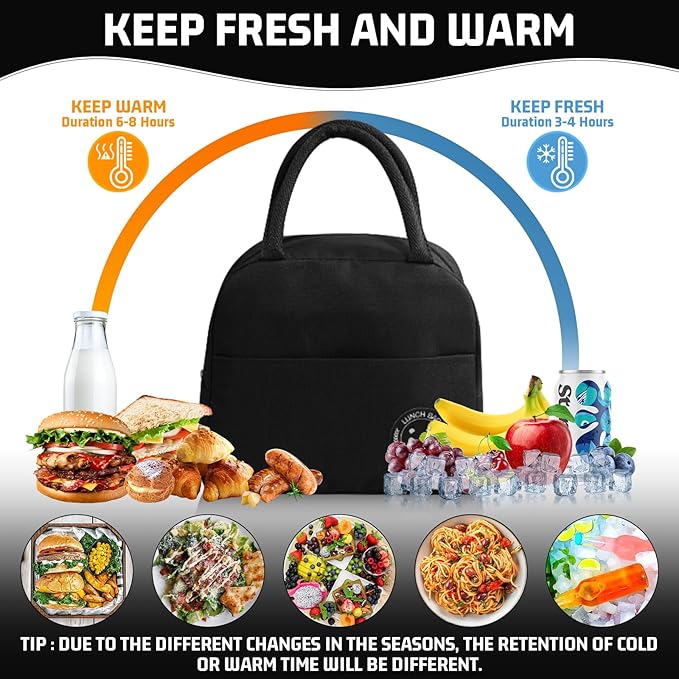 Insulated Lunch Bag for Men Women, Small Portable Reusable Lunch Cooler Tote Bag, Leakproof Thermal Lunch Box for Work Picnic Travel, Black
