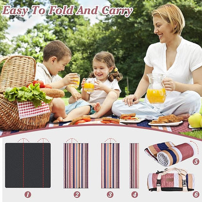 Waterproof Picnic Blanket 80" x 80" in Portable with Carry Strap for Beach Mat or Family Outdoor Camping Party, Park Blanket for Grass Park, Hiking, Travel, Concerts (Brown&Orange, 80" x 80")