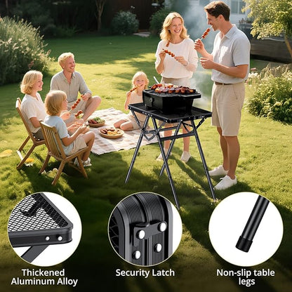 2ft Sturdy Folding Grill Table, Supports 180 Lbs, 2 Adjustable Height 28” Portable Grill Table, Heat-Resistant Tabletop, Folding Metal Table for Camping BBQ Cooking Backyard, 24" X 16", Black