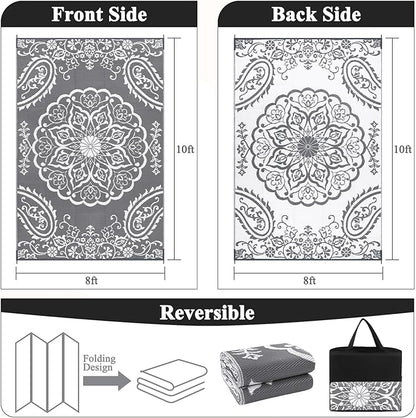 Pauwer Waterproof Outdoor Rug 8x10, Reversible Plastic Straw Patio Camping Rug, Indoor Outdoor RV Mat Carpet for Deck, Camper, Porch, Balcony, Backyard, Picnic, Boho Grey