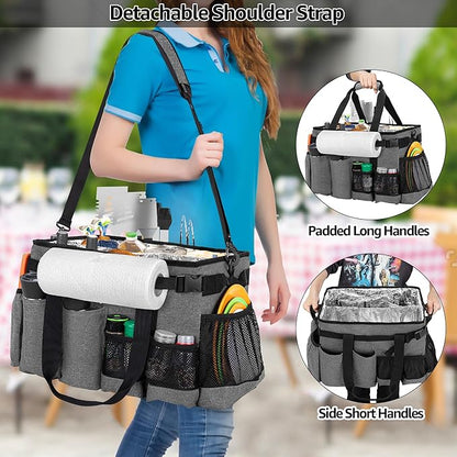 Large Grill Utensil Caddy with Paper Towel Holder, Outdoor Picnic Bag Organizer for BBQ Supplies Tool, Tailgating Accessory Basket Camping Gear Must Haves for Cook Essentials, Gray, Bag Only