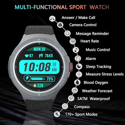 Military Smart Watch with Heart Rate Monitor/Compass/Flashlight/GPS, 1.43" Smartwatch with 170+ Sport Modes,5ATM Waterproof Fitness Watch for Men & Women, Compatible iOS Android (Black)