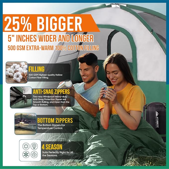 IFORREST Cotton Flannel Double Sleeping Bag for Adults - 2-Person 10°F Cold Weather Camping Bed - Extra-Wide & Warm Queen-Size XXL