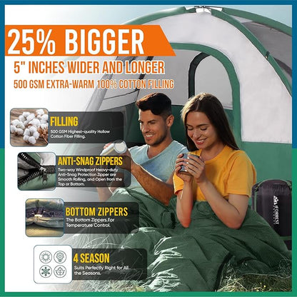 IFORREST Cotton Flannel Double Sleeping Bag for Adults - 2-Person 10°F Cold Weather Camping Bed - Extra-Wide & Warm Queen-Size XXL